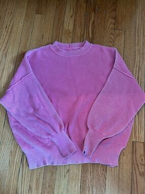 aerie Pink Ribbed Balloon-Sleeve Crewneck Sweater